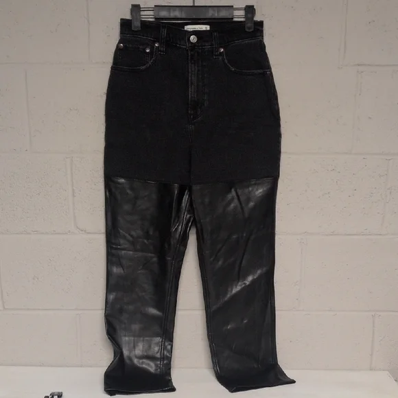 Abercrombie & Fitch 90s Straight Ultra High-Rise Denim/Faux Leather Jeans 26/2S - Picture 3 of 9